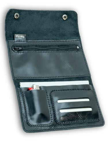 Portatabacco in Vera Pelle Italiana Artigianale – Astuccio per Tabacco con Tasche per Cartine, Filtri e Accendino, con Zip – Made in Italy (Nero)