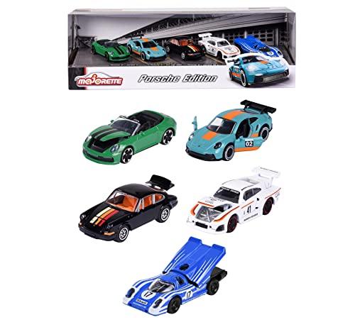 Majorette - Set regalo Porsche (set da 5 auto giocattoli) - 5 modelli di auto (7,5 cm) con 2 modelli esclusivi di auto, per bambini dai 3 anni, blu, verde, nero, bianco