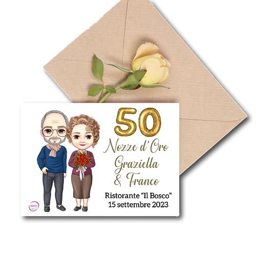 Set da 10 inviti con busta kraft Nozze D'oro 13x18 per Anniversario 50 anni con ritratto caricaturale ricordo partecipazione invito