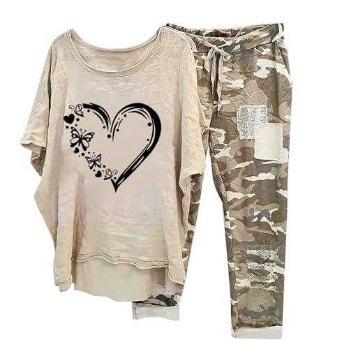 Tuta Lino Donna Estiva, Donna Tuta Estiva Moda da Spiaggia Completo Sportivo in Due Pezzi Lino Maglia a Manica Corta + Pantaloni Lunghi Abbigliamento Elegante Casual Completo Larghi Curvy Tuta da Casa