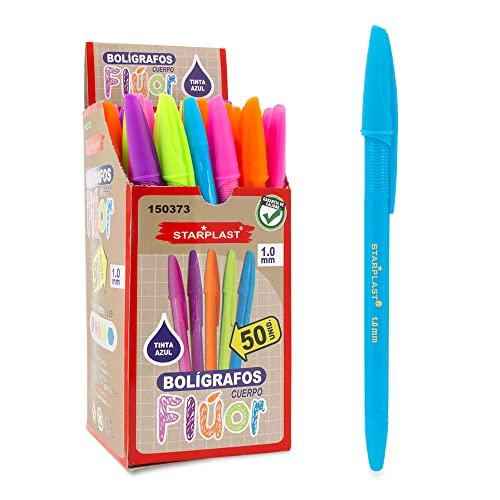 Starplast - Penna a sfera con cappuccio, 5 colori fluo, 100 pezzi, antiscivolo, con scatola espositiva, inchiostro blu, per uso scolastico o per ufficio.
