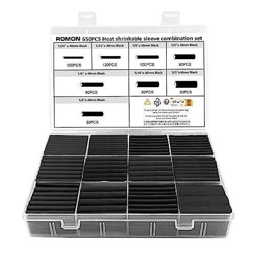 Guaina Termorestringente Nera Romon, Kit da 650 Pezzi in 8 Misure con Rapporto di Restringimento 2:1