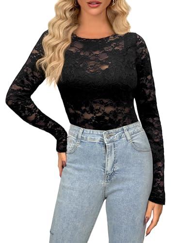 NONSAR Outfit Rave Y2K per Donna, Top in Mesh, Pizzo Trasparente, Top in Mesh Sexy, Maniche Lunghe, Motivo Floreale Trasparente, Camicia, Top, Outfit Rave Y2K, Nero 01, S