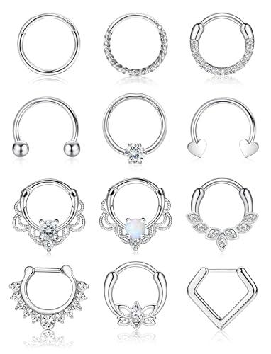 JeweBella 12 Pezzi Piercing Septum Acciaio Chirurgico 16G Piercing Naso Anello per Donna Ragazze Anello Clicker Septum Piercing Orecchini Helix Tragus Daith Piercing Nostril Labbro 8/10mm
