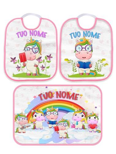 Set Asilo Personalizzato Unicorno Arcobaleno Rosa - Bavaglini e Asciugamano con Nome