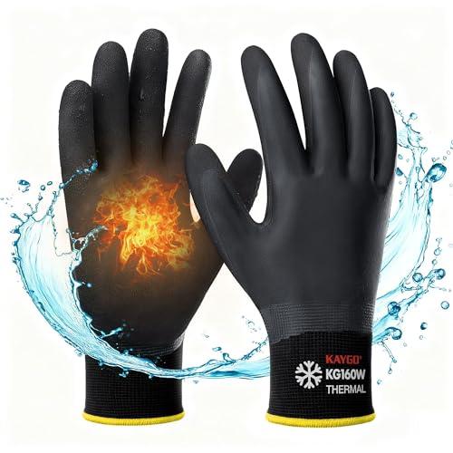 KAYGO guanti da lavoro termici impermeabili, fodera calda isolata, doppio rivestimento in lattice, per la conservazione del congelatore Tempo freddo Giardinaggio, KG160W (Nero, XL, taglia 10, 1 paio)