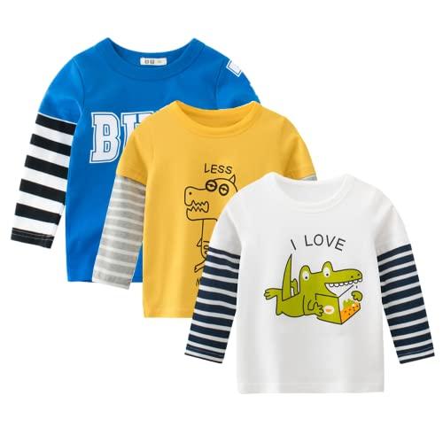 amropi Bambino Ragazzi 3 Pack Maglietta Stampa Dinosauro Manica Lunga Casuale Cotone T-Shirt Blu Giallo Bianco, 1-2 Anni