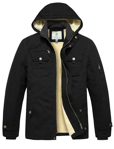WenVen Cappotto Militare Invernale Caldo Parka con Cappuccio Staccabile Antivento Giacca Media Lunga in Pile Giubbotto da Lavoro Classico Uomo Nero L