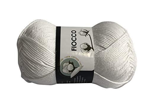 filati italiani Cotone Fiocco. 100% Cotton, 50g (125m) per Uncinetto e Maglieria (Bianco - 7000)
