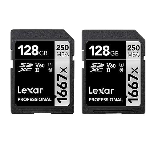 Lexar Professional 1667x Scheda SD 128 GB Set da 2, Scheda di memoria SDXC UHS-II, Fino a 250 MB/s di lettura, Class 10, U3, V60, SD per Fotografi Professionisti, Videografi (LSD1667128G-B2NAA)