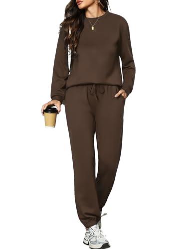 Aottori Tute da Ginnastica Donna Casual Completa Sportiva Invernale Pigiami Due Pezzi Tracksuit Tinta Unita Felpa Girocollo e Pantaloni con Tasche per Jogging Training Marrone M