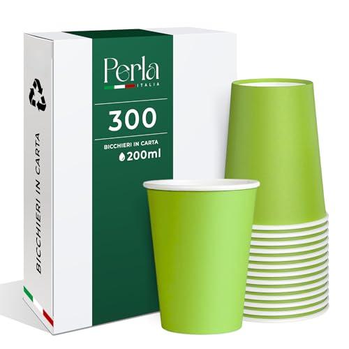 Perla - 300 Bicchieri in Carta da 200ml Ecologici Biodegradabili Monouso - Made in Italy (Verde)