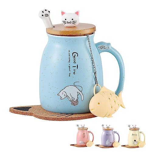 MengCat Tazza di Gatto Tazza di caffè in Ceramica Carina con Gattino Adorabile Coperchio,Cucchiaio in Acciaio Inossidabile, novità Morning Cup tè Latte Natale Boccale Regalo 380ml