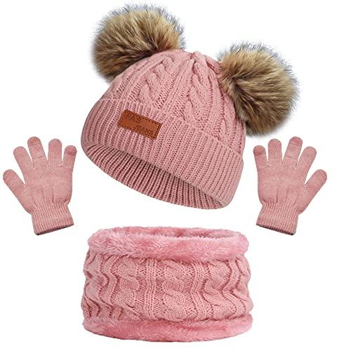 Cappello a Maglia Bambini Invernale con Sciarpa e Guanti - Rosa (3-8 anni)