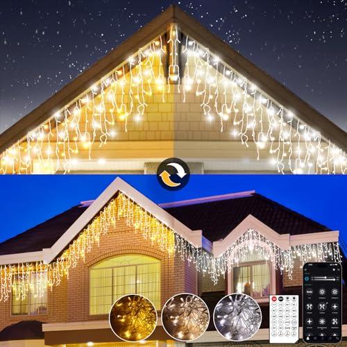 Luci di Natale a Cascata da Esterno, Bianco Caldo e Freddo, 10M 400 LED, con App e Telecomando