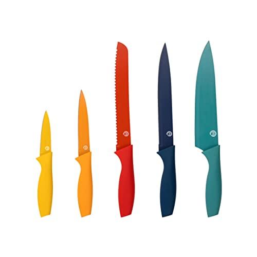 MasterChef Coltelli da Cucina, con Collezione per Pane, Carne e Verdure, Acciaio Inox, Prova di Calore, Manici e Lame Colorati, Lavabile in Lavastoviglie, 5 Pezzi