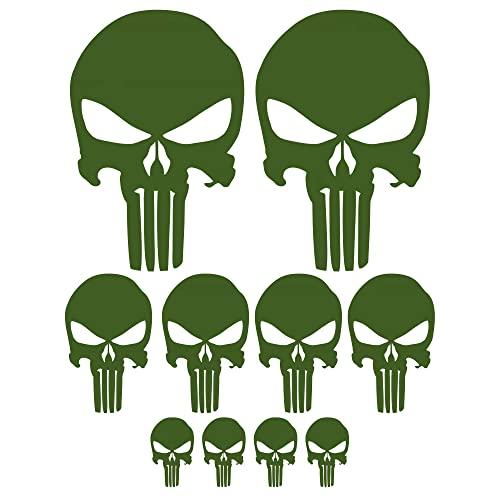 Adesivi Cranio 10 Pezzi per Auto o Moto - Teschio - 3 dimensioni. Auto Moto Bici Monopattino (Verde Militare)