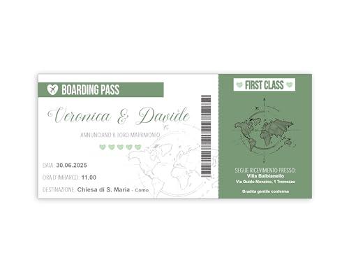 Partecipazioni Matrimonio Biglietto Aereo Verde Salvia - 10 Pezzi