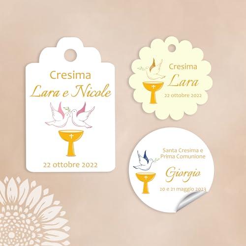 10 pezzi Cartellini o Adesivi CRESIMA personalizzati, colomba, confetti, bomboniere, comunione, etichette, bollini, party kit (CRE-04)