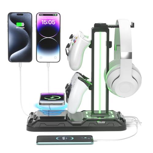 KDD Porta Cuffie da Scrivania con Ricarica Wireless e Supporto Controller Ruotabile