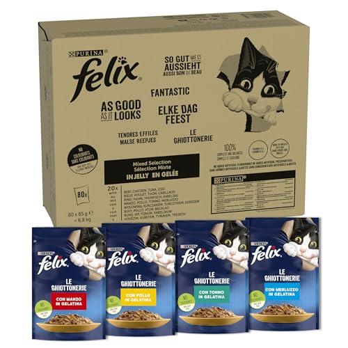 FELIX Le Ghiottonerie - Cibo Umido Gatto Adulto, Bocconcini in Gelatina (Manzo, Pollo, Merluzzo, Tonno) - 80x85g