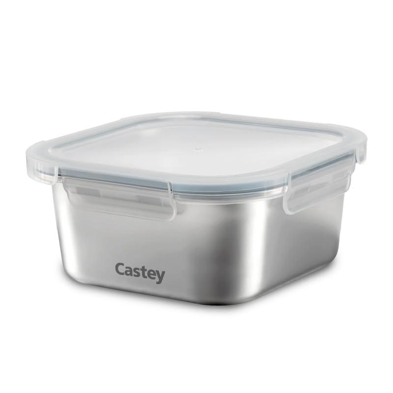 Castey - Contenitore quadrato in acciaio inox, 600 ml, chiusura ermetica