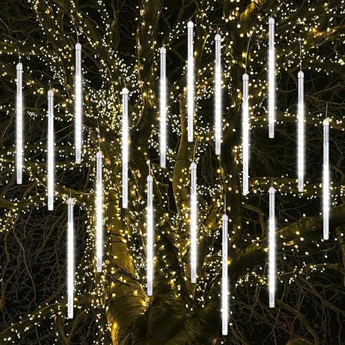 Vikdio Luci di Natale a Pioggia di Meteoriti, 16 Tubi LED Spiralati, Bianco