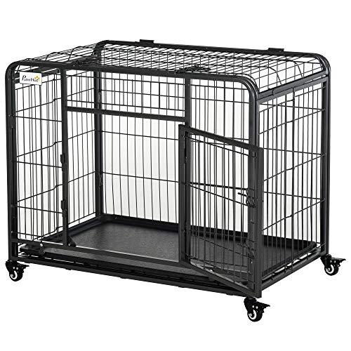 PawHut Kennel Gabbia per Cani Pieghevole a Doppia Porta con Blocco, Box per Cani con Ruote e Fondo Rimovibile, 94x58x69.5 cm, Grigio Scuro