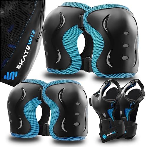 SKATEWIZ Protezioni Pattini Adulto - Protezioni Skateboard Adulto - Protezione Bambina - Ginocchiere Skateboard, BMX, Roller, Bicicletta Regalo di Natale - Impact Taglia L Blu