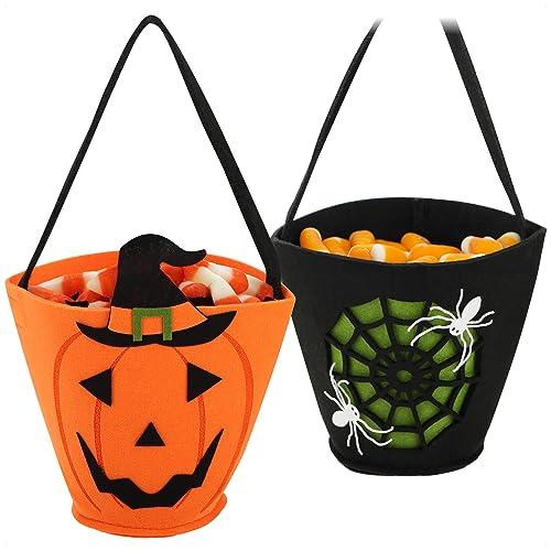 Com-four® 2X Borsa di Halloween - Borsa per Raccogliere Dolci - Borsa per Portare Caramelle in Feltro - Borsa Regalo con Motivi Spaventosi Bambino (02 Pezzi - Nero + Arancione)