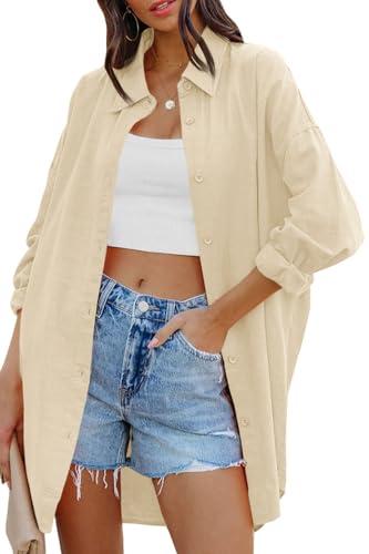 Cicy Bell Camicetta Oversize da Donna Camicie a Maniche Lunghe Button Down T-Shirt Casual in Cotone con Tasche, Beige, XL