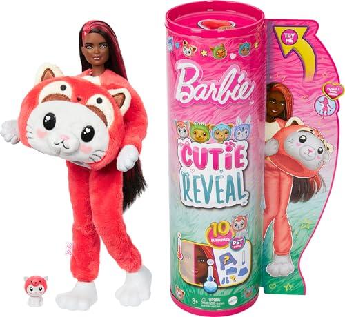 Barbie Cutie Reveal - Bambola con costume di peluche da gattino-panda rosso e 10 accessori a sorpresa cambia colore, serie Amici Cuccioli, giocattolo per bambini, 3+ anni, HRK23
