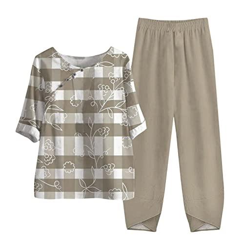Tuta Estiva Donna Elegante Taglie Forti Cotone e Lino Leggera Casual Stampato Completo Larghi Curvy Tuta Elegante Manica Corta Camicia + Pantaloni Lino Set Spiaggia Due Pezzi