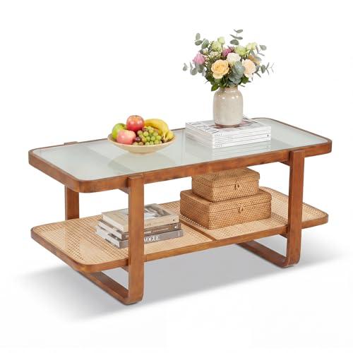 COSTWAY Tavolino Salotto in Vetro Temperato e Legno 105 x 50,5 x 45 cm