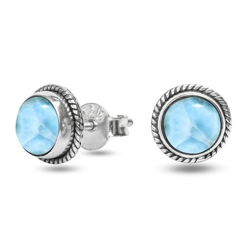 Orecchini a Bottone con Larimar in Argento Sterling 925 Intrecciato a Mano
