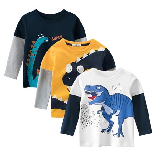 Amropi 3-Pack Magliette Dinosauro Bambino - Manica Lunga Cotone