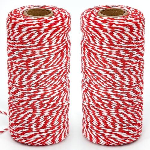 Cordoncino in Cotone Rosso e Bianco - 2 Rotoli da 100m per Decorazioni Natalizie e Confezionamento Regali