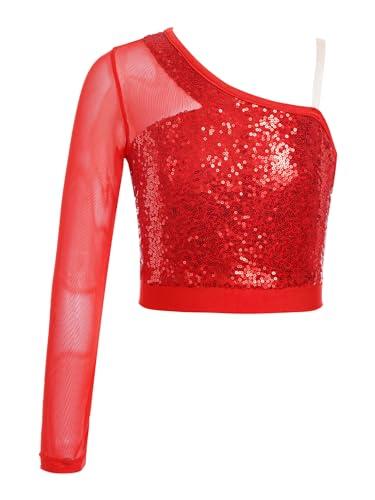 Freebily Crop Top Danza Bambina Moderna Classica Top Corto da Balletto con Paillettes Lucide Top da Danza Jazz Hip Hop Monospalla T-Shirt Scintillante Abbigliamento da Danza Rosso 13-14 Anni