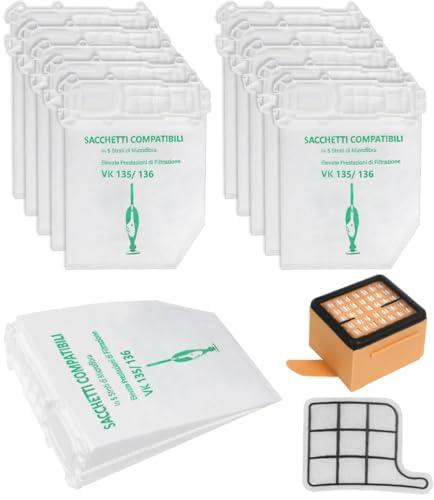 10 Sacchetti Aspirapolvere Folletto VK135 VK136 con Filtro Hepa e Griglia