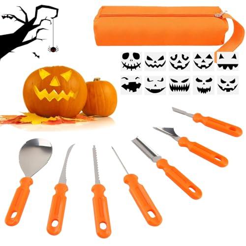 Dellyy Kit Intaglio Zucca Halloween, Professionale 7 Pezzi con 10 Sagome Riutilizzabili