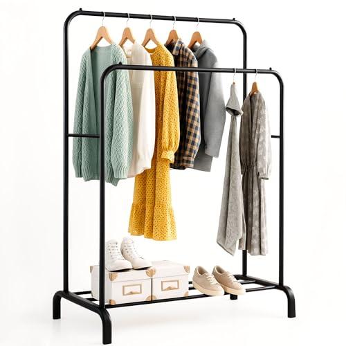 edihome, Stand Appendiabiti, Doppio, 110 x 150 x 54 cm, Vestitore, Appendiabiti da Terra, Resistente, Metallico, con Supporto per Scarpe (Nero)
