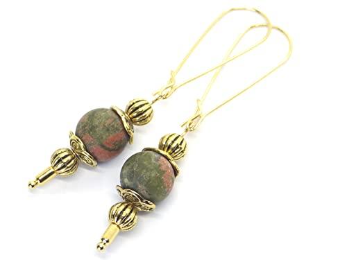 Orecchini Thurcolas in stile vintage in Unakite naturale verde e marrone montati su cerchi dorati