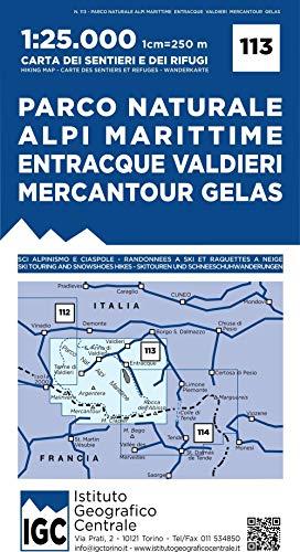 Carta n. 113 Parco naturale Alpi Marittime, Entracque, Valdieri, Mercantour, Gelas 1:25.000. Carta dei sentieri e dei rifugi