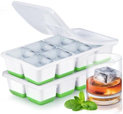 Stampo Ghiaccio Grande, JRISBO Set 2 Stampi con Coperchio per Cubetti Ghiaccio Silicone senza BPA, Formine Cubi Ghiaccio Forma Vaschette Ice Cube Tray per Cocktail Birra Whisky (Verde)