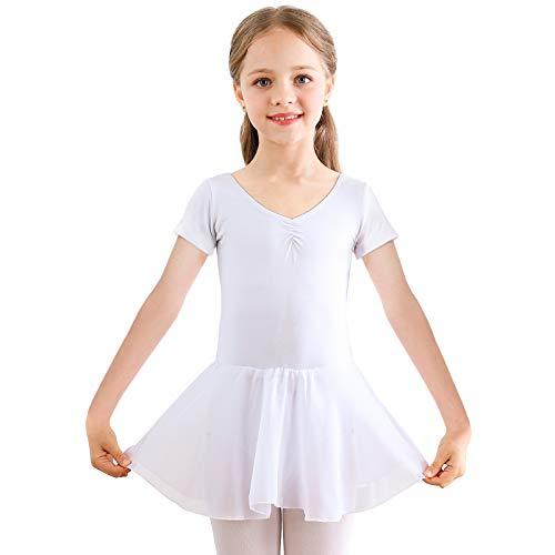 Bezioner Ragazza Balletto Leotard Vestito Danza Tutu Body Ginnastica Manica Corta con Chiffon Gonna (150 (140-150 cm,12-13 Anni), Bianco)
