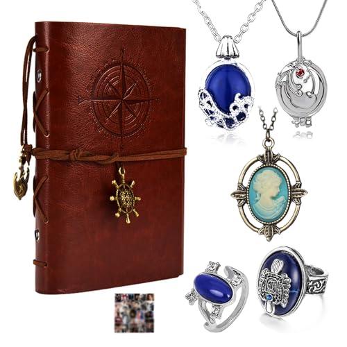 HJYZY Set di Gioielli Vampiro in Pelle: Taccuino Elena Gilbert, Collana Medaglione Anello Famiglia Damon, 16 Pezzi