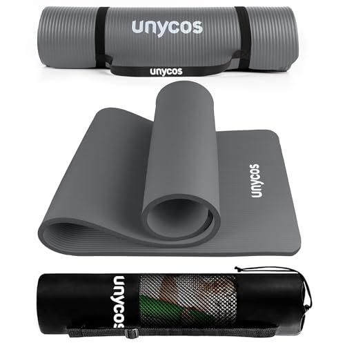 Unycos - Tappetino Antiscivolo da Yoga, Pilates e Ginnastica Extra Spesso 15 mm, 183x60 cm, Materassino Fitness con Schiuma NBR Confortevole, Tracolla, Borsa ed E-Book di 50 Esercizi (Grigio)