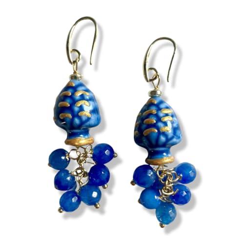 Orecchini con Pigne siciliane in ceramica e pietre dure (Cobalto)