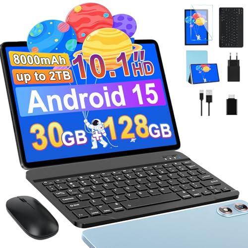 Fezawio Tablet 10 pollici Android 15, 30GB RAM + 128GB ROM, 5G WiFi, Gemini AI, Widevine L1, con Tastiera, Mouse e Case