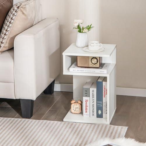 COSTWAY Tavolino Laterale a S Bianco con 2 Scomparti - Design Moderno e Funzionale